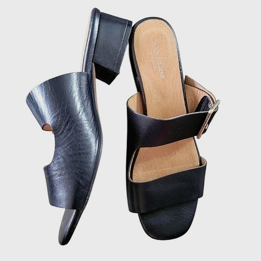 Anthropologie Shoe The Bear Black Leather Cala Heeled Buckle Strap Sandals 8.5